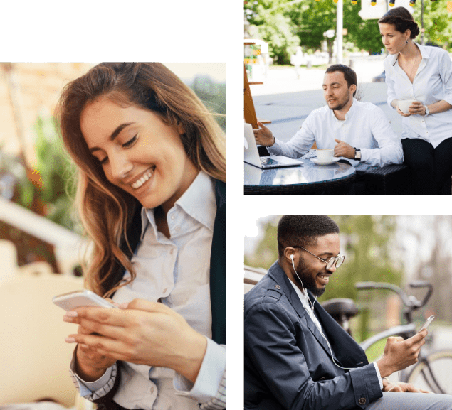 People in the neighborhood using laptops and smartphones to find expert lawyers.